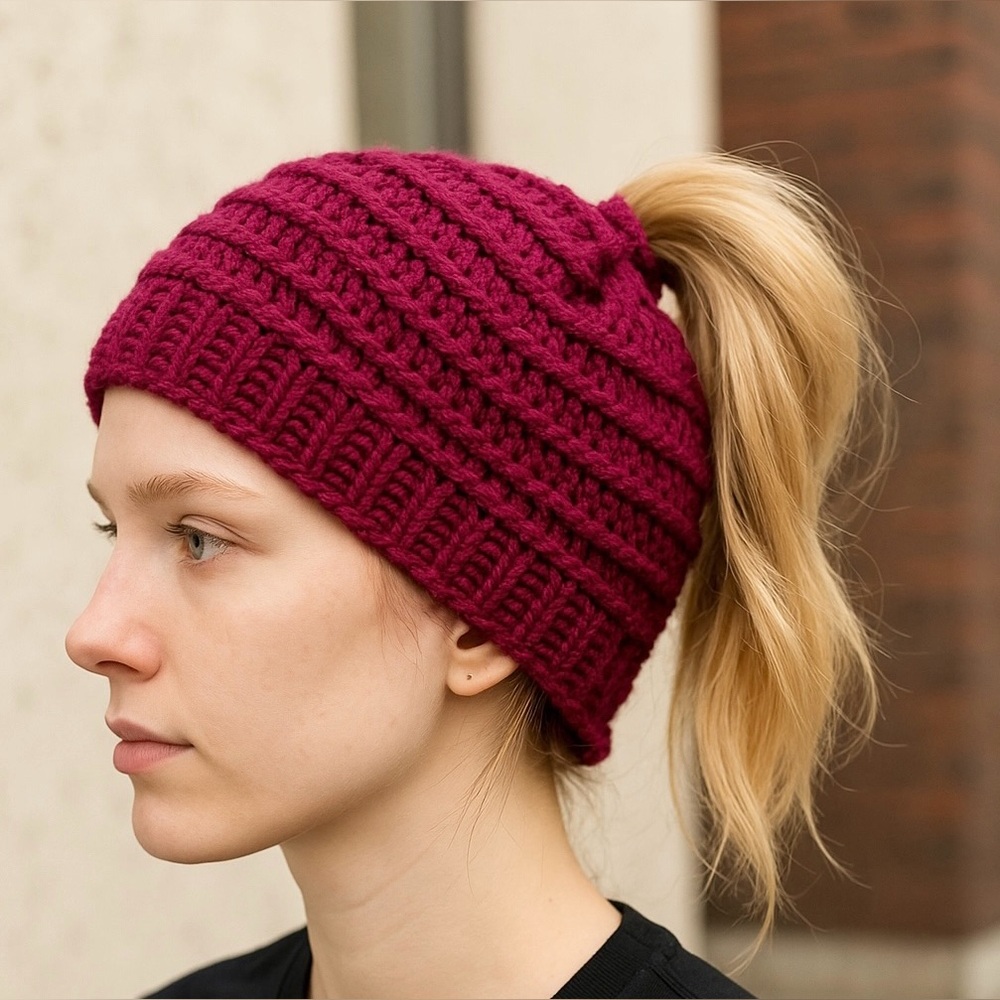 Hat Messy Bun Ponytail Hand Crafted Beanie Burgundy Crochet Spiral Bow